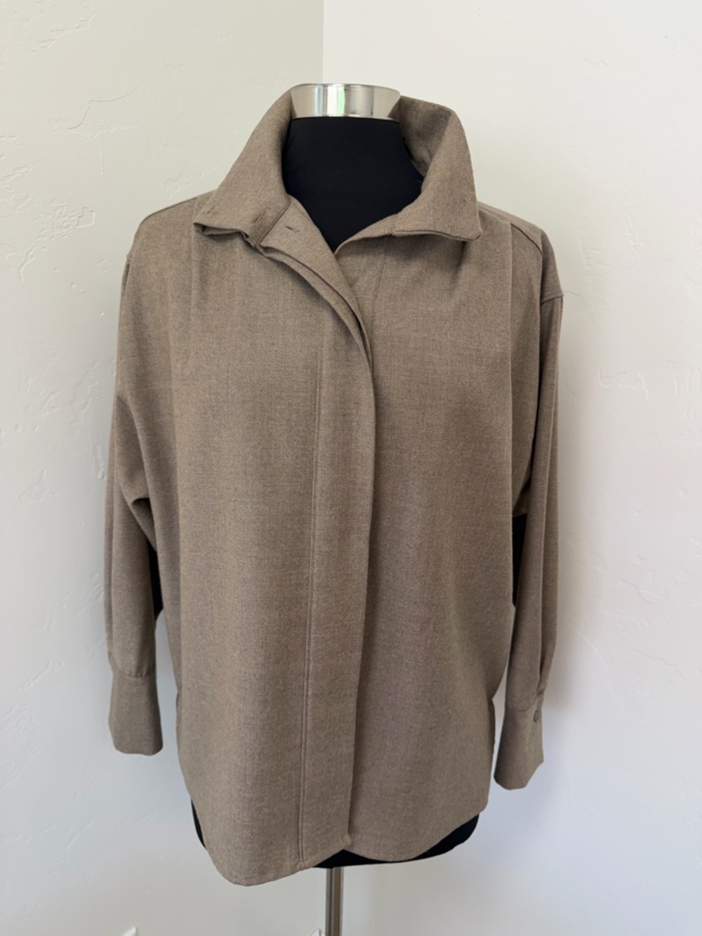 Massimo Dutti Taupe Wool Knit Button Up Long Sleeve Shirt Size 8